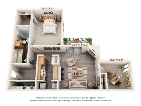 A 3D floor plan of a two-bedroom apartment.